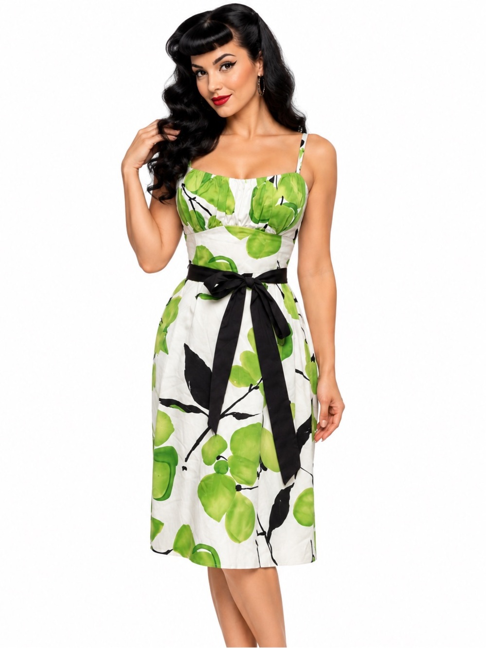 A.P.N.Y. White Midi Dress with Green Floral Print & Black Sash size 4